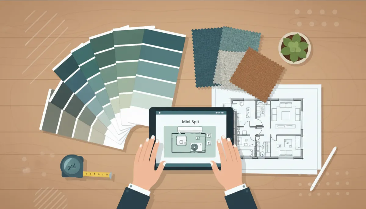 Designer’s desk with paint swatches, fabric samples, a tablet showing a mini-split layout, and a floor plan sketch, hands arranging materials in a flatlay composition