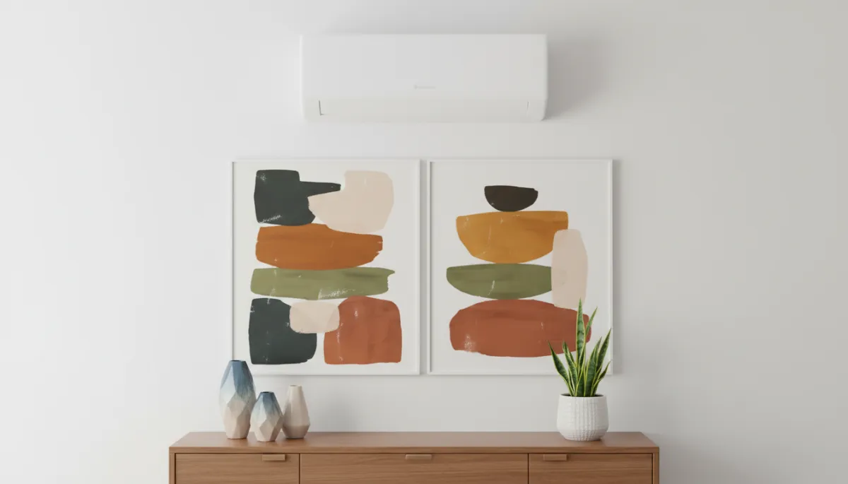 Close-up of a wall-mounted mini-split unit installed on a perfectly color-matched white wall, with modern artwork and styled console table below