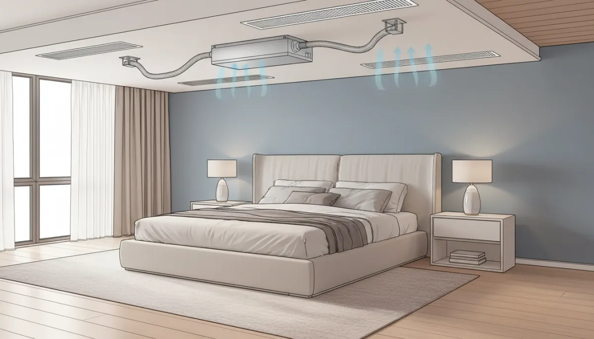 Cutaway view of a ceiling with a compact ducted mini-split air handler hidden above, slim linear grilles in the ceiling delivering air into a refined bedroom