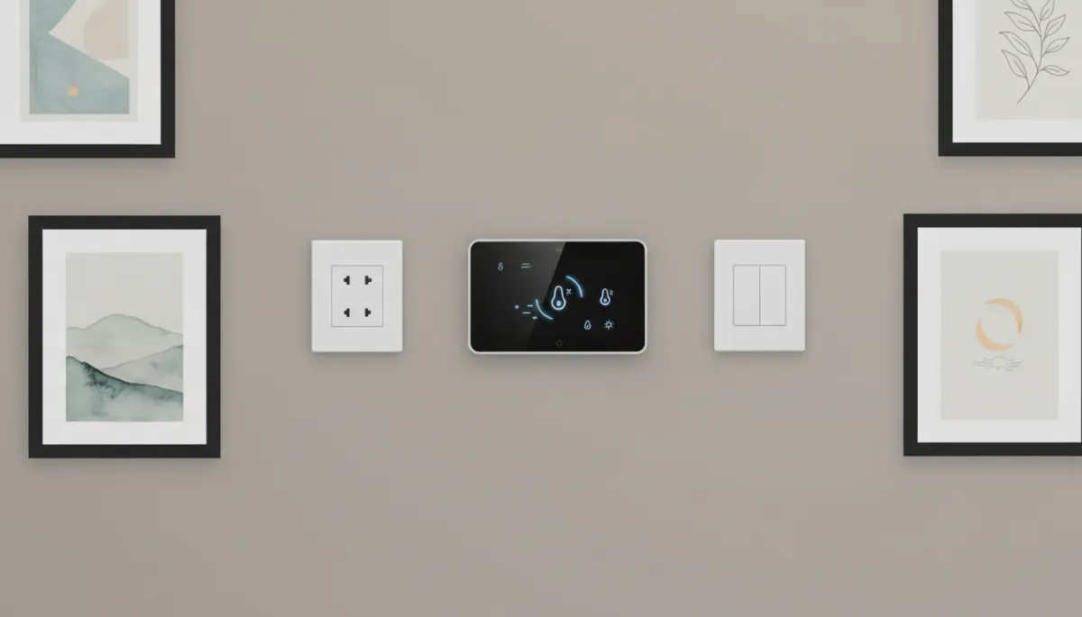 Hallway wall with a sleek smart thermostat aligned neatly with light switches and surrounded by a small gallery of framed art prints