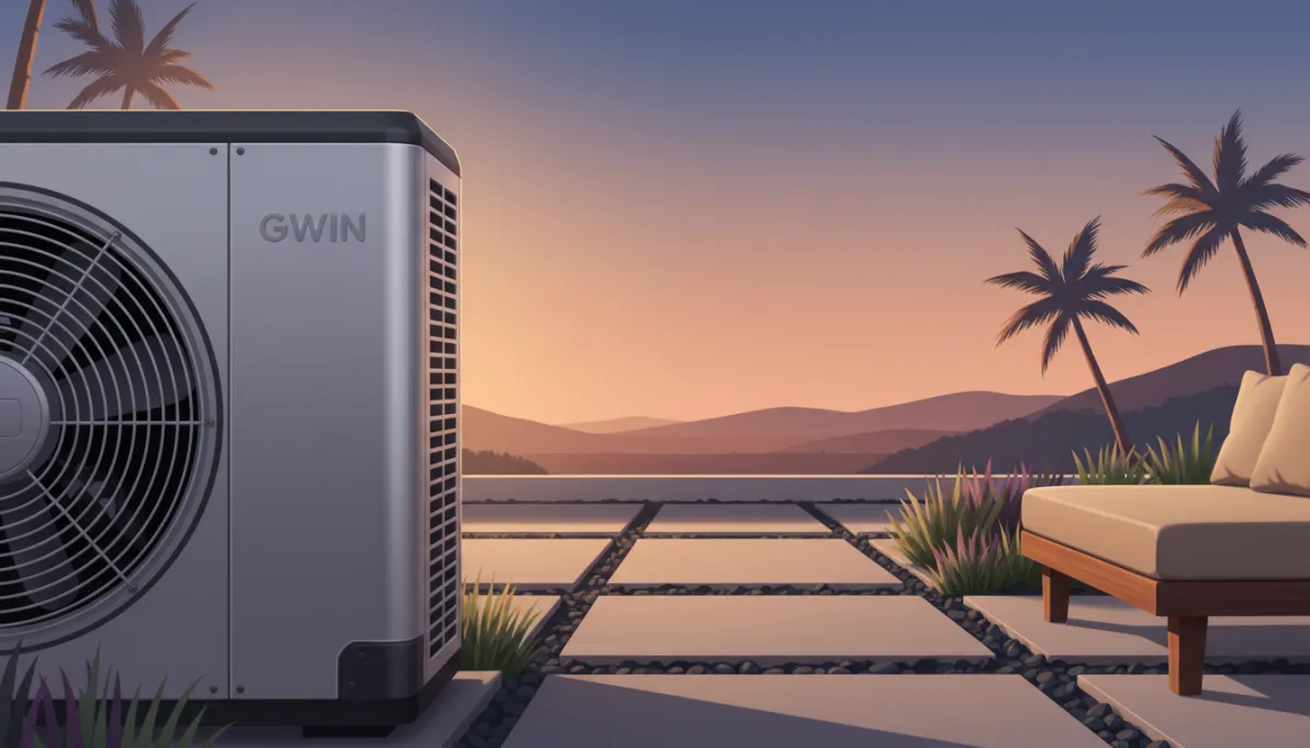 Close-up of a premium-looking GWIN outdoor mini-split unit beside a landscaped patio, with subtle branding visible and soft evening lighting