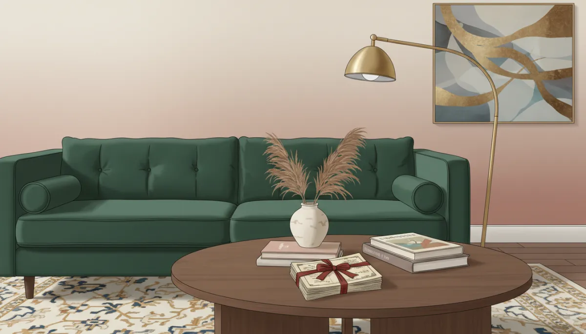 Cozy living room with a plush velvet sofa, designer brass lighting, and styled coffee table, with a stack of saved utility bills tied with ribbon on the table