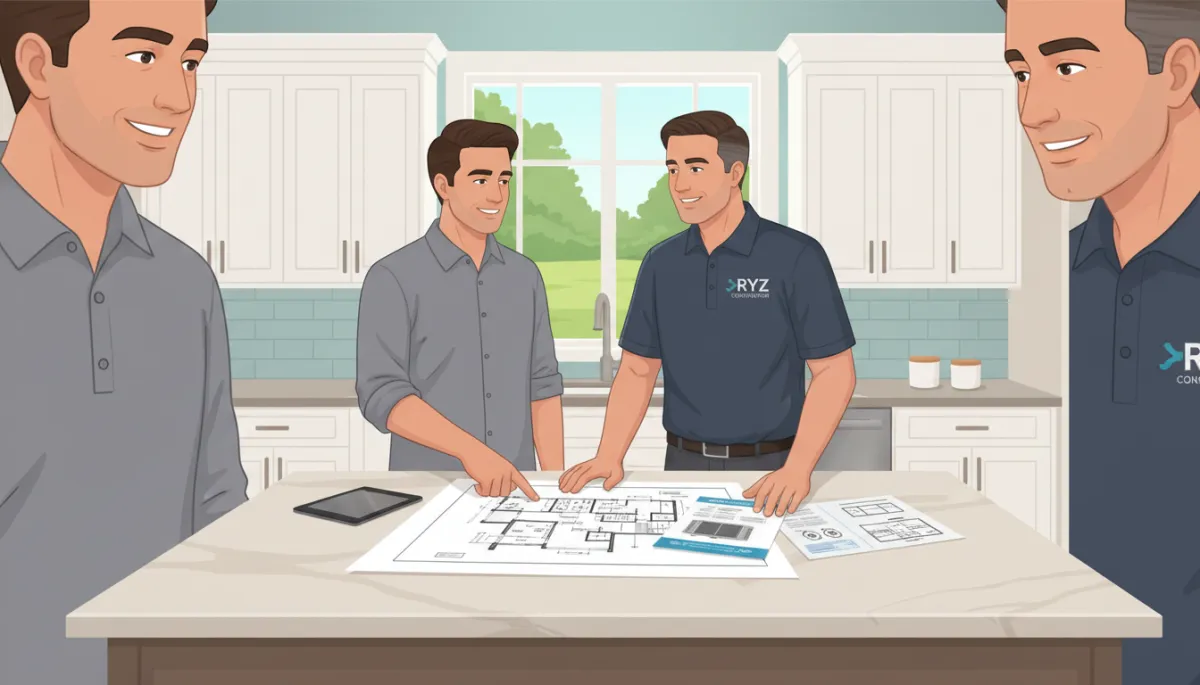 Homeowner and contractor from RYZ Construction reviewing cooling plans at a kitchen island, mini-split brochure and floor plans spread out, both smiling and relaxed