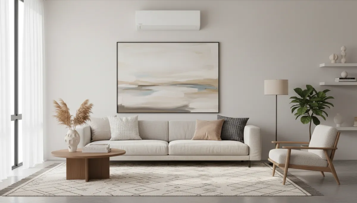 Bright, stylish living room with a slim white wall-mounted mini-split placed high near the ceiling, neutral palette, curated decor and artwork