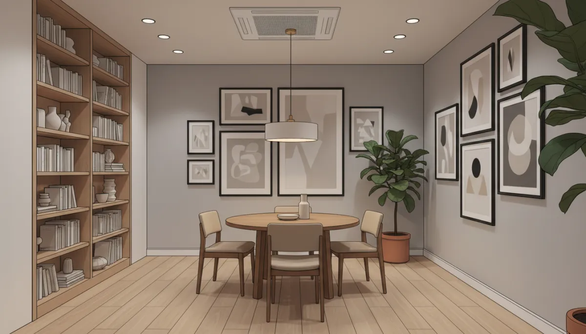 Minimalist dining room with flush ceiling cassette mini-split, subtle square grille near recessed lighting, art-filled walls and tall bookcase
