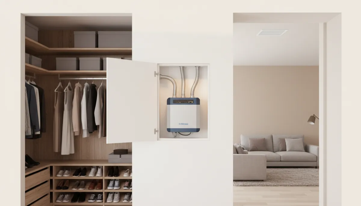 Walk-in closet with access panel open, showing compact hidden air handler and short duct runs, adjacent room with only a small elegant ceiling vent visible