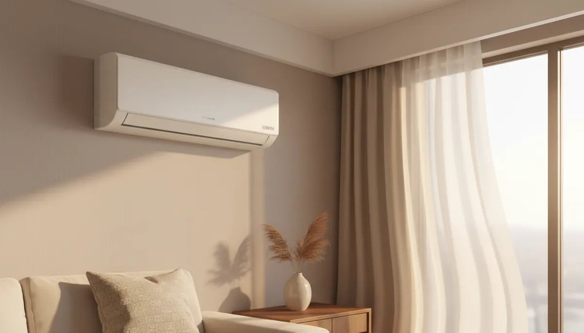 Close-up of a premium mini-split indoor unit with subtle GWIN branding in a chic neutral-toned living space, soft evening lighting