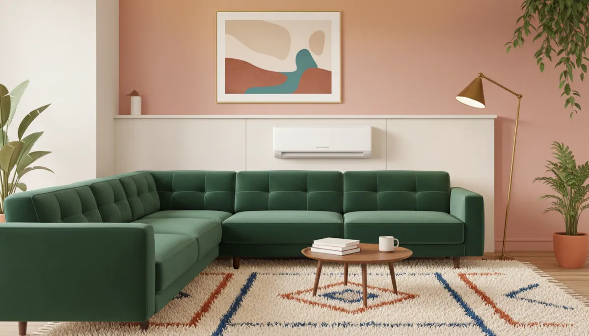 Cozy, design-forward living room with a velvet sofa, mini-split placed on a secondary wall, vintage brass floor lamp and textured rug completing the space