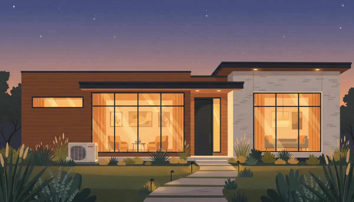Twilight exterior of a stylish Dallas home with warm interior lighting visible through windows, suggesting comfort, with subtle mini-split outdoor unit near landscaping
