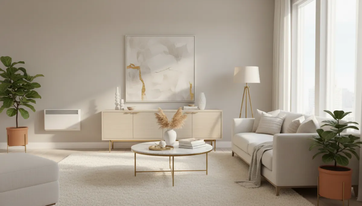Sunlit Dallas living room with elegant neutral decor, brass accents, and a discreet modern mini-split blending into the wall
