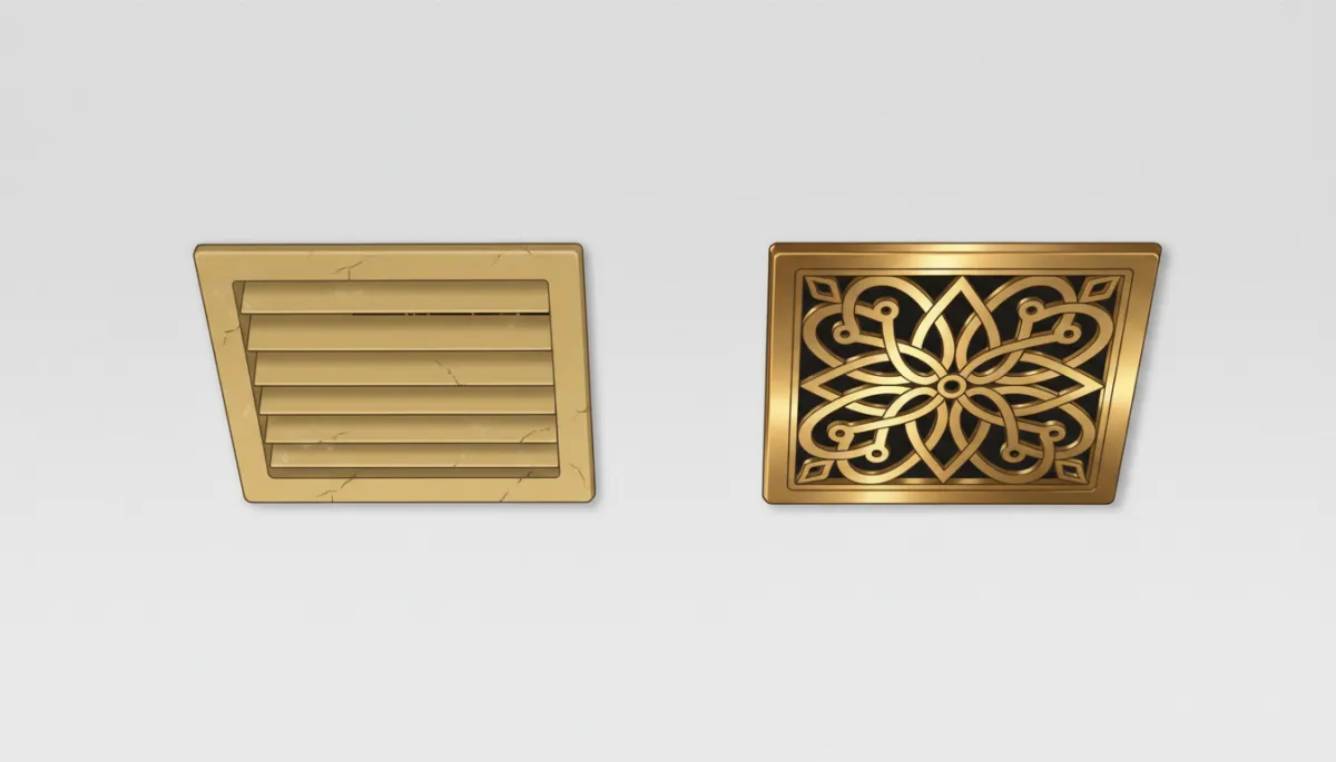 Close-up comparison of an old yellowed plastic ceiling vent beside a new decorative brass grille on a crisp white ceiling