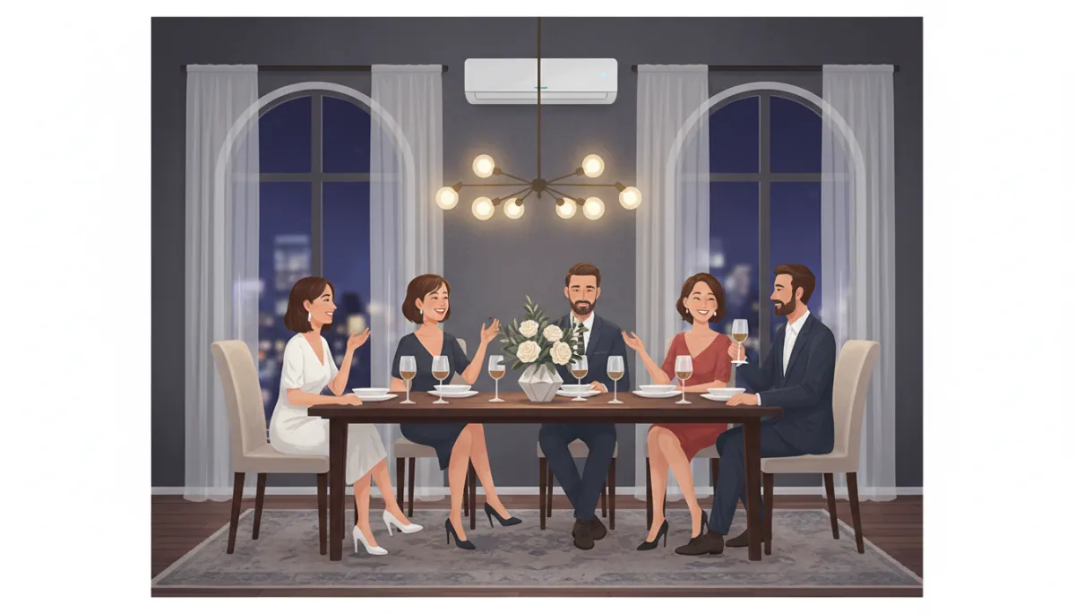 Stylish dining room during an evening dinner party, guests talking comfortably while a discreet mini-split runs quietly in the background