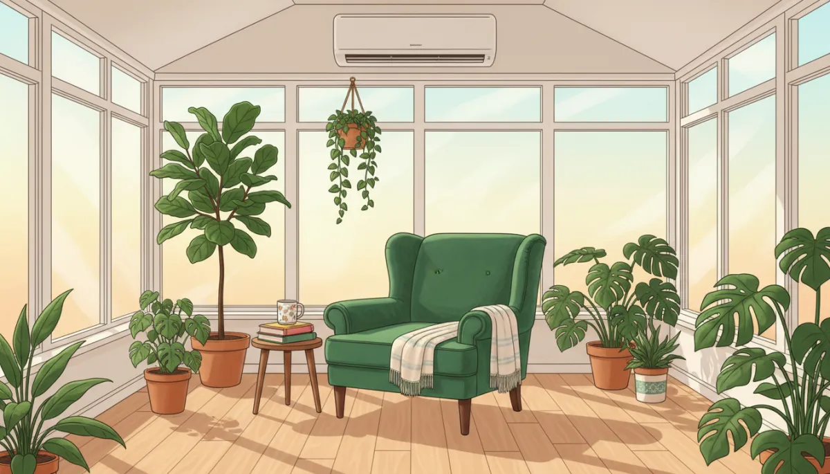 Bright sunroom with velvet reading chair, plants, and a slim wall-mounted mini-split above the windows