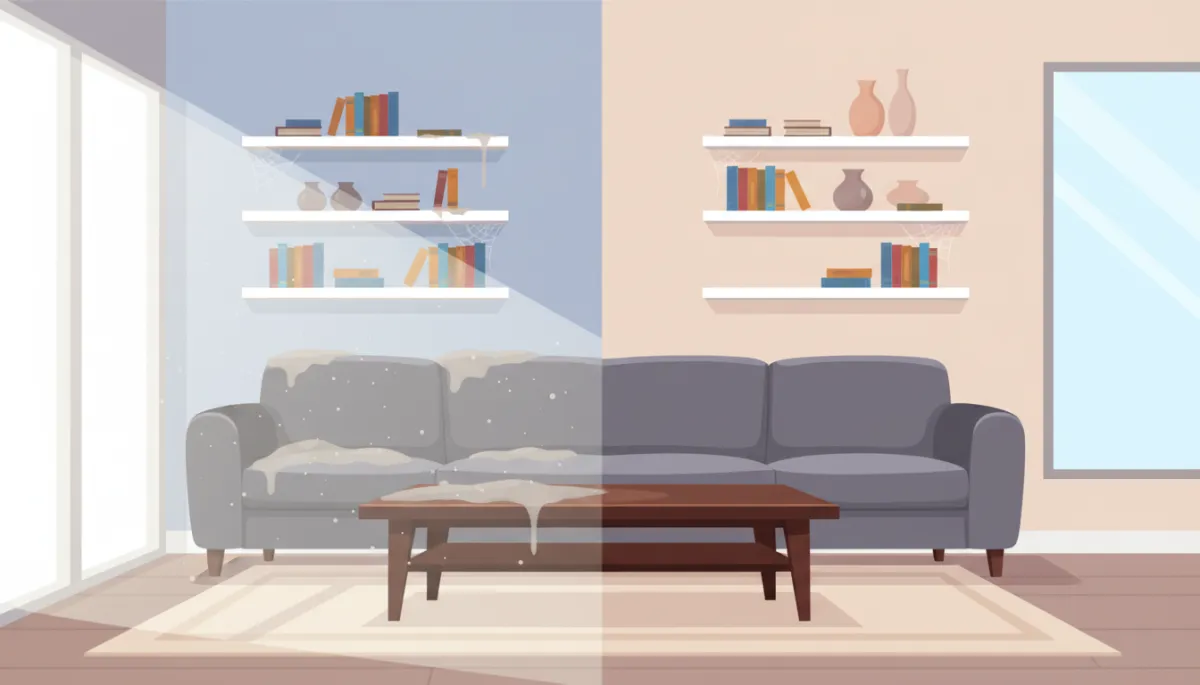 Modern living room with dark coffee table and open shelving, shown before and after with heavy dust versus clean surfaces