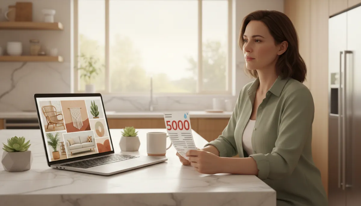 Person at a kitchen island reviewing a high summer energy bill next to an open laptop displaying a mood board of furniture and decor