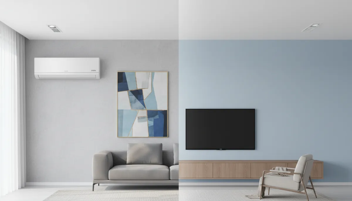 Side-by-side view of a matte-finish wall-mounted GWIN mini-split in a modern living room and a hidden ducted mini-split with small ceiling vents