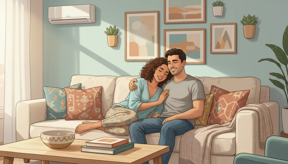 Happy Dallas couple relaxing on a sofa in a beautifully designed living room, looking comfortable with a subtle mini-split visible in the background