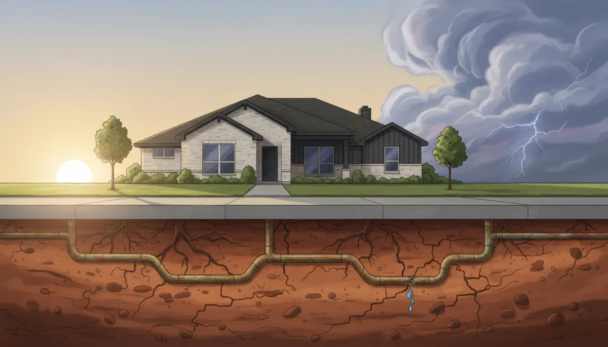 Suburban Dallas home at sunrise with concrete slab foundation visible in cutaway, underground copper pipes running through shifting clay soil, spring storm clouds in the distance Suburban Dallas home at sunrise with concrete slab foundation visible in cutaway, underground copper pipes running through shifting clay soil, spring storm clouds in the distance