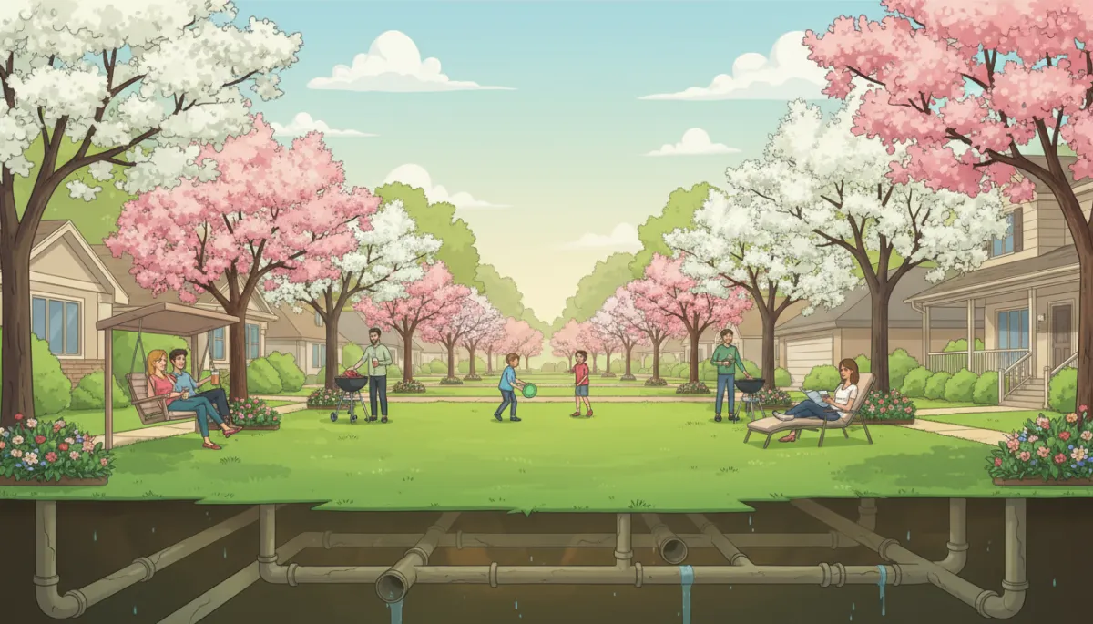 Dallas neighborhood in early spring with blooming trees, homeowners relaxing outside unaware of underground plumbing risks, partly cloudy sky and green lawns Dallas neighborhood in early spring with blooming trees, homeowners relaxing outside unaware of underground plumbing risks, partly cloudy sky and green lawns