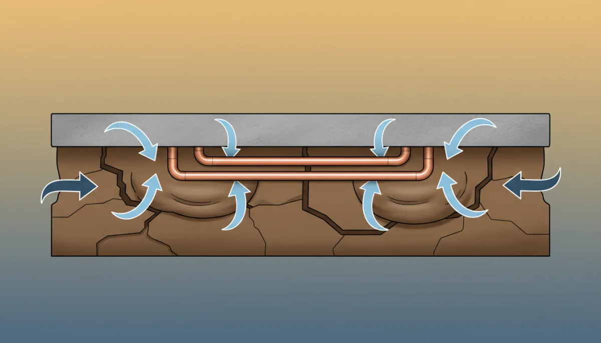 Cutaway illustration of a concrete slab foundation over expansive clay soil, arrows showing expansion and contraction pushing against copper pipes Cutaway illustration of a concrete slab foundation over expansive clay soil, arrows showing expansion and contraction pushing against copper pipes