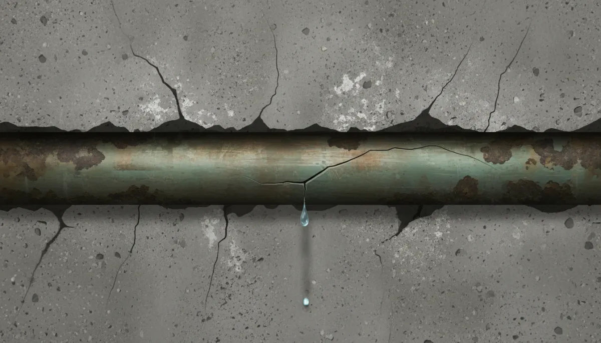 Close-up view of an aging copper pipe embedded in concrete with visible wear marks and a small leak forming Close-up view of an aging copper pipe embedded in concrete with visible wear marks and a small leak forming