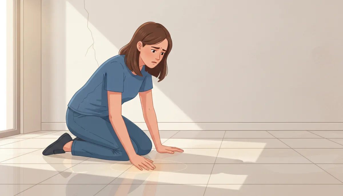 Homeowner in Dallas kneeling on living room floor, feeling a warm spot on tile while looking concerned, with subtle wall crack in background Homeowner in Dallas kneeling on living room floor, feeling a warm spot on tile while looking concerned, with subtle wall crack in background