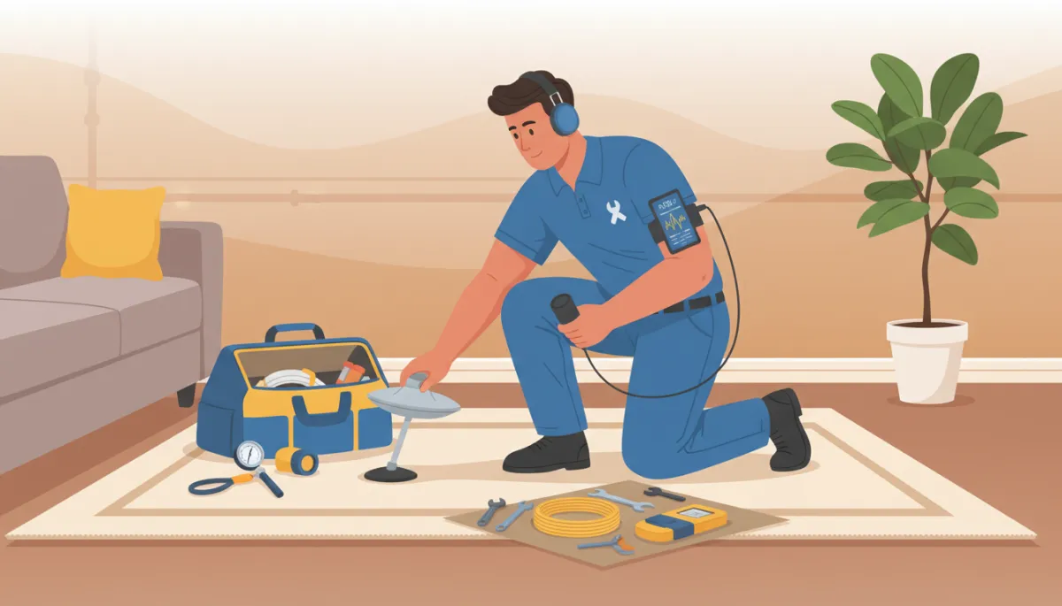Licensed plumber using electronic listening equipment on a living room floor to locate a slab leak, with tools neatly arranged nearby Licensed plumber using electronic listening equipment on a living room floor to locate a slab leak, with tools neatly arranged nearby