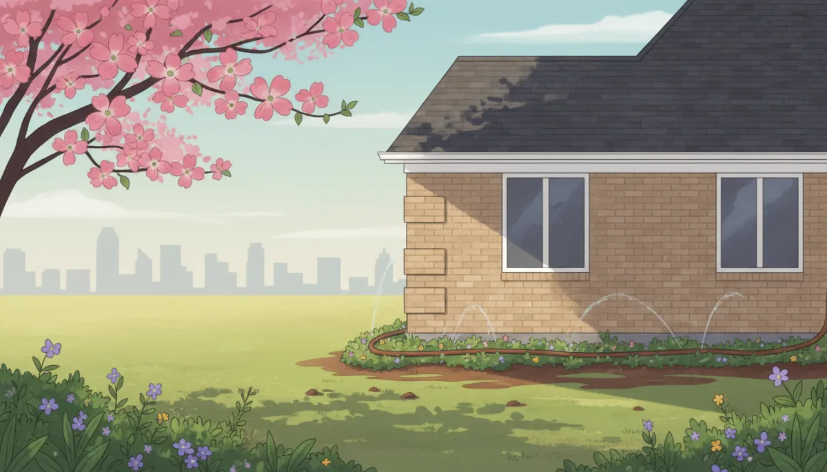 Soaker hose running along the perimeter of a brick Dallas home, gently watering the soil near the foundation on a warm spring day Soaker hose running along the perimeter of a brick Dallas home, gently watering the soil near the foundation on a warm spring day
