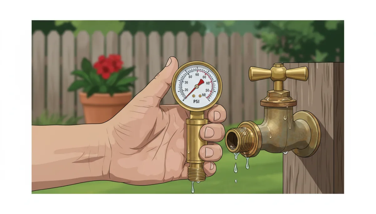 Close-up of a homeowner’s hand attaching a water pressure gauge to an outdoor faucet, reading around 60 PSI Close-up of a homeowner’s hand attaching a water pressure gauge to an outdoor faucet, reading around 60 PSI