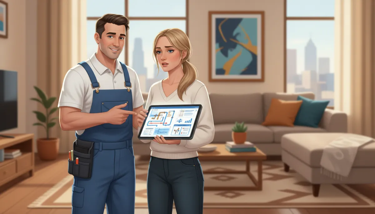 Professional plumber and homeowner reviewing a tablet with inspection results inside a Dallas living room, plumbing diagrams visible on screen Professional plumber and homeowner reviewing a tablet with inspection results inside a Dallas living room, plumbing diagrams visible on screen