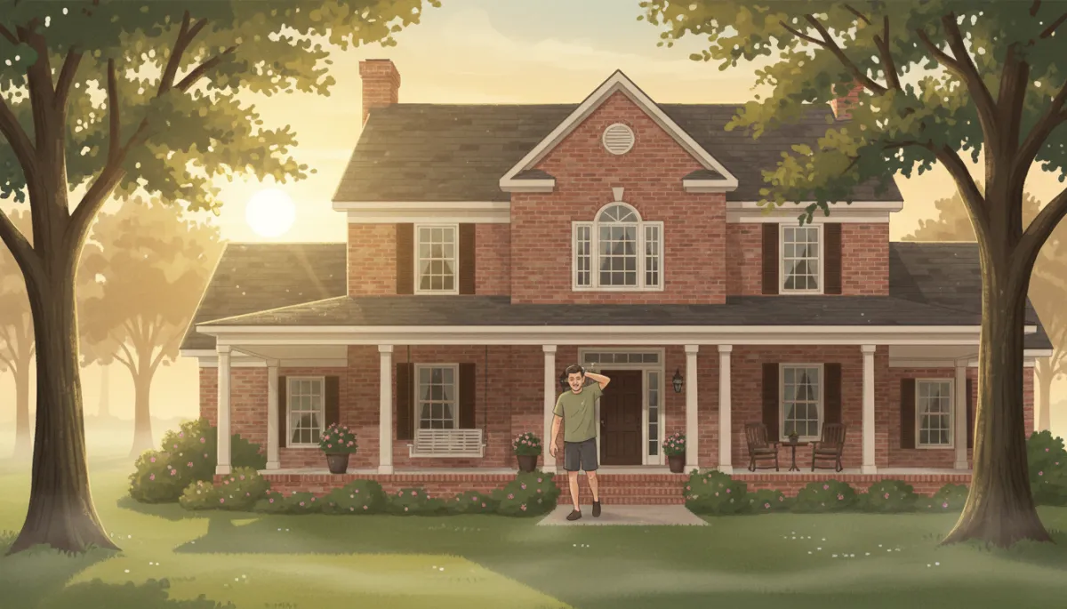 East Texas home at sunrise with heavy morning humidity hanging in the air, slight fog over lawn, homeowner stepping onto front porch wiping moisture from brow East Texas home at sunrise with heavy morning humidity hanging in the air, slight fog over lawn, homeowner stepping onto front porch wiping moisture from brow