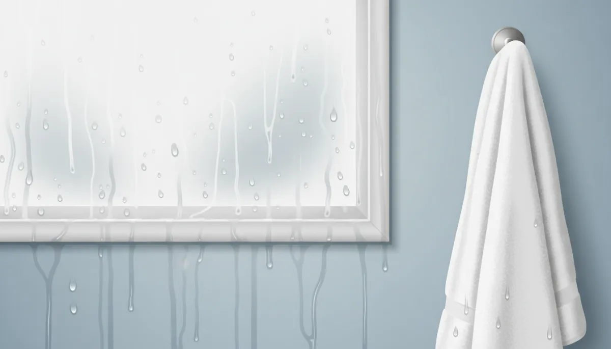 Close-up of bathroom mirror and window fogged with condensation, moisture droplets running down painted wall, towel slightly damp on hook Close-up of bathroom mirror and window fogged with condensation, moisture droplets running down painted wall, towel slightly damp on hook