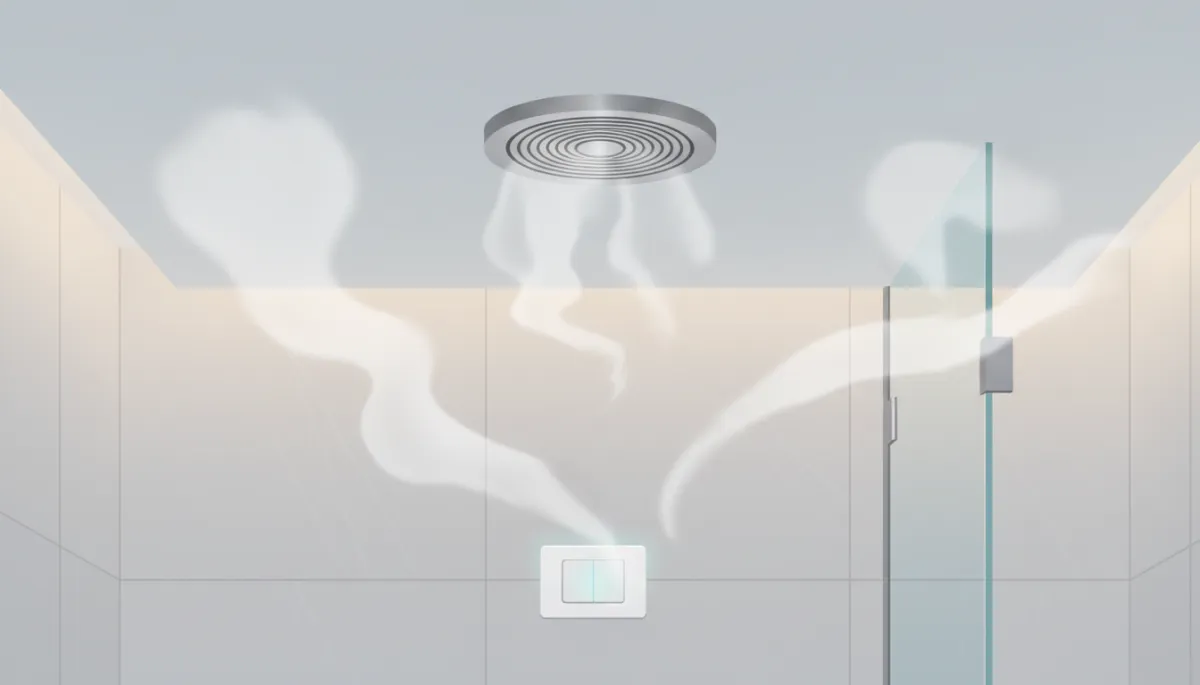 Modern bathroom ceiling with quiet exhaust fan and wall-mounted humidity-sensing switch glowing softly, light steam in room Modern bathroom ceiling with quiet exhaust fan and wall-mounted humidity-sensing switch glowing softly, light steam in room
