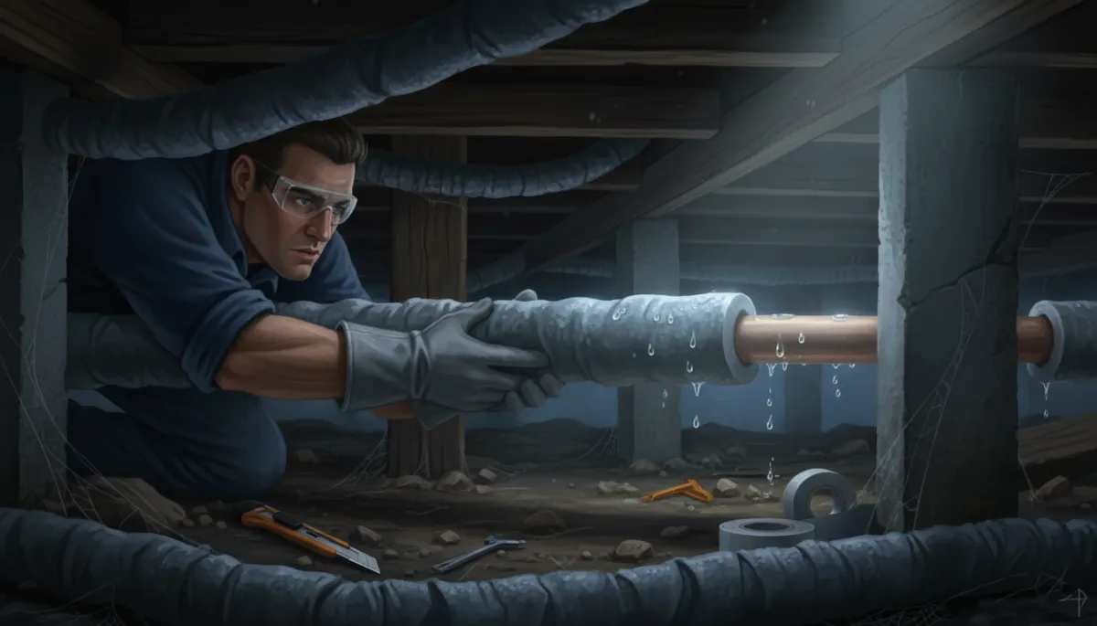 Plumber insulating cold water pipes in a crawlspace with thick foam sleeves, visible droplets on uninsulated sections Plumber insulating cold water pipes in a crawlspace with thick foam sleeves, visible droplets on uninsulated sections