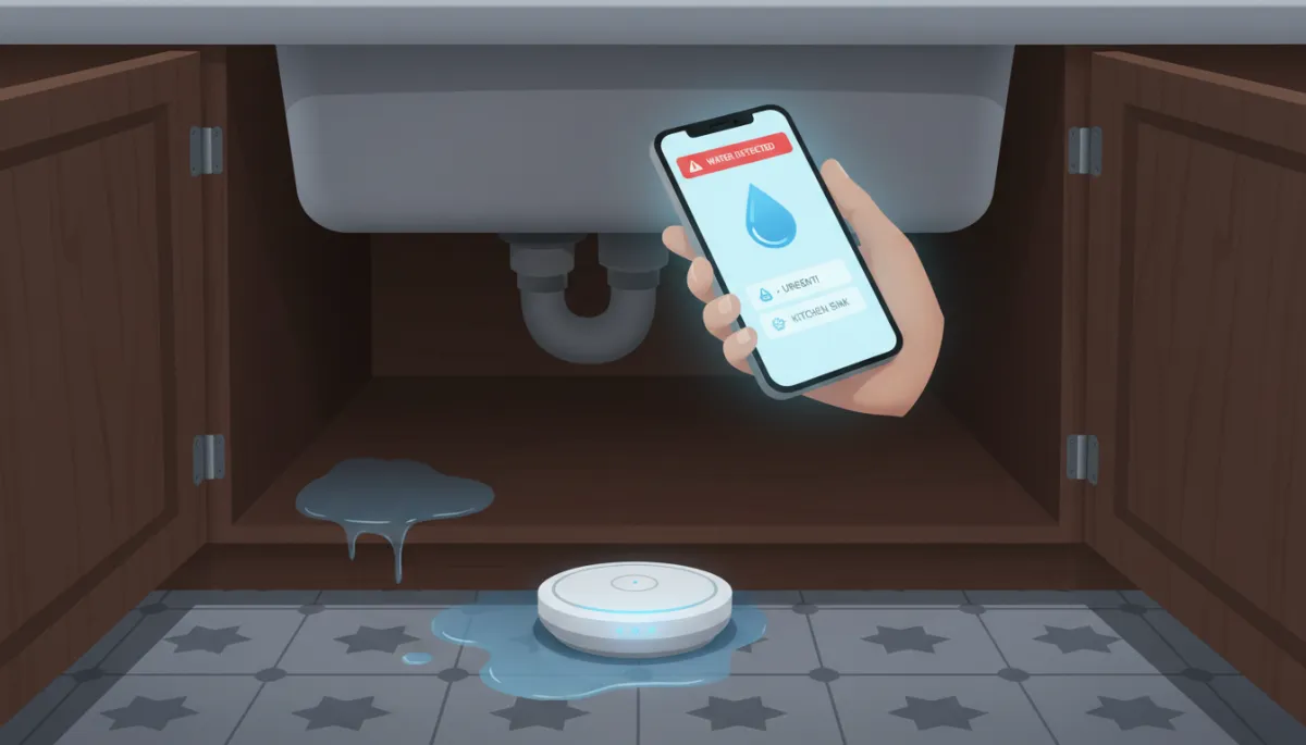 Smart leak detection sensor on floor under sink cabinet, smartphone in homeowner's hand showing water alert notification Smart leak detection sensor on floor under sink cabinet, smartphone in homeowner's hand showing water alert notification