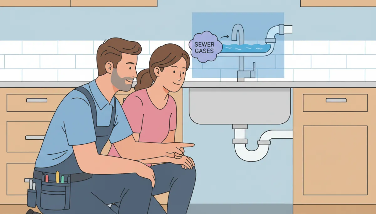 Plumber showing homeowner a P-trap under a sink, diagram overlay illustrating water barrier blocking sewer gases Plumber showing homeowner a P-trap under a sink, diagram overlay illustrating water barrier blocking sewer gases