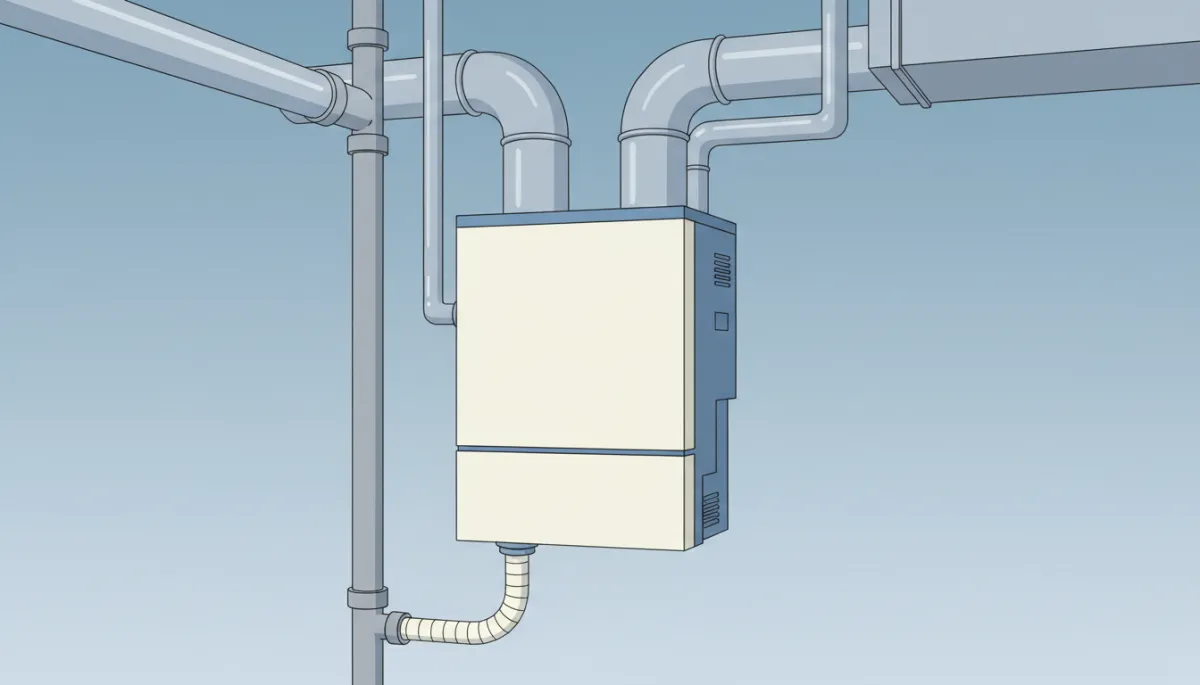 Whole-home dehumidifier unit connected to HVAC ductwork with dedicated condensate drain line tied into plumbing stack Whole-home dehumidifier unit connected to HVAC ductwork with dedicated condensate drain line tied into plumbing stack