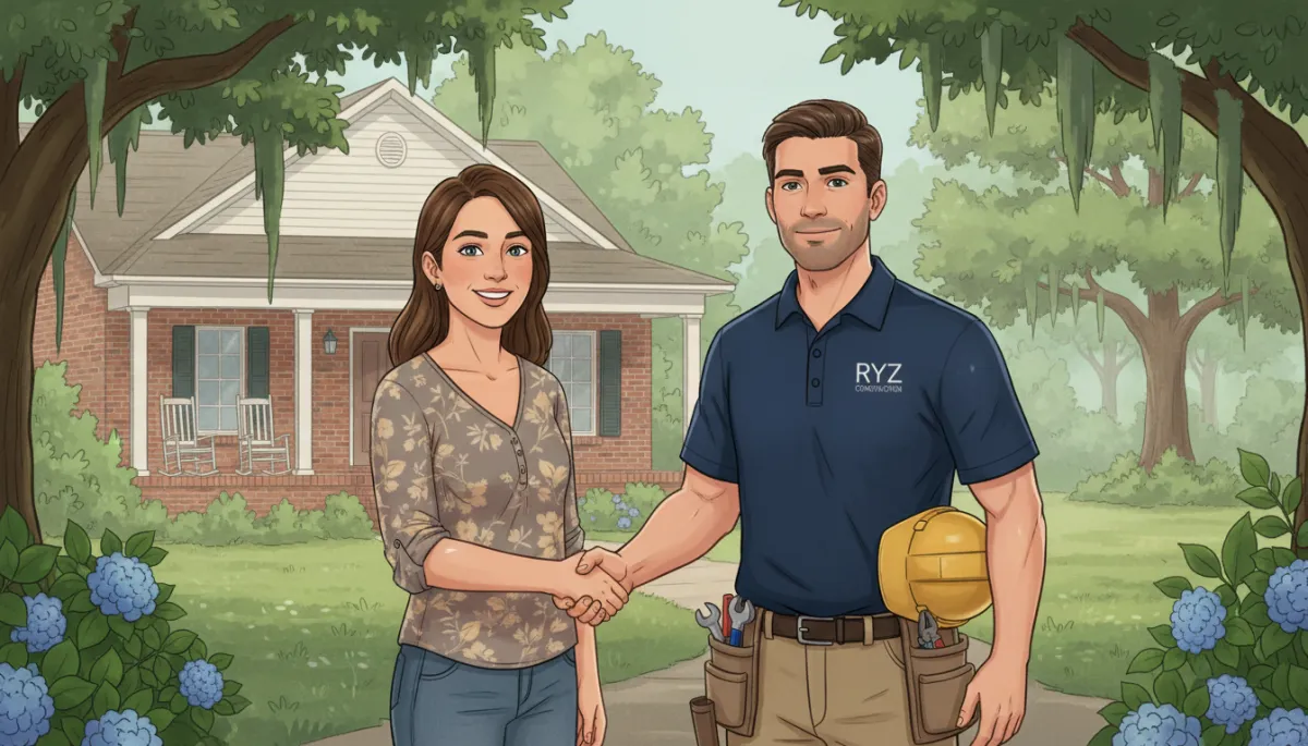 Friendly plumber in branded RYZ Construction uniform shaking hands with East Texas homeowner in front of brick house on a humid day Friendly plumber in branded RYZ Construction uniform shaking hands with East Texas homeowner in front of brick house on a humid day