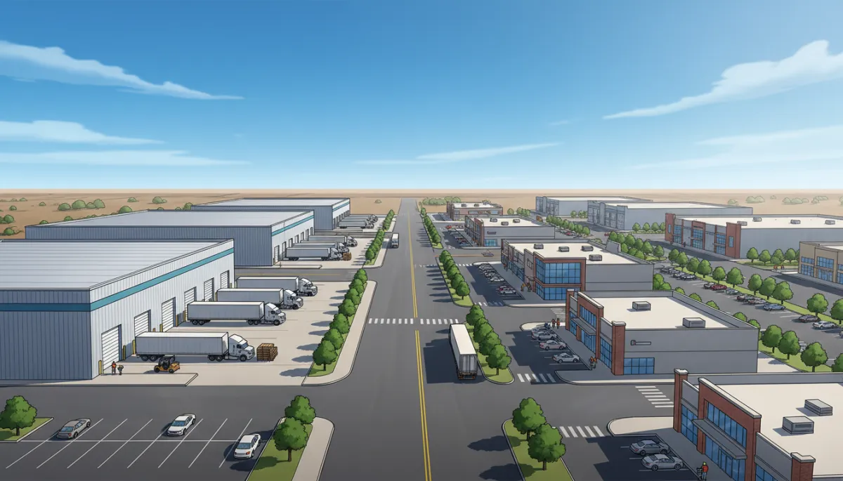 Wide aerial view of a Texas commercial district with multiple modern steel warehouses, retail plazas, and industrial metal buildings under a bright blue sky, trucks loading at docks and workers moving around the site