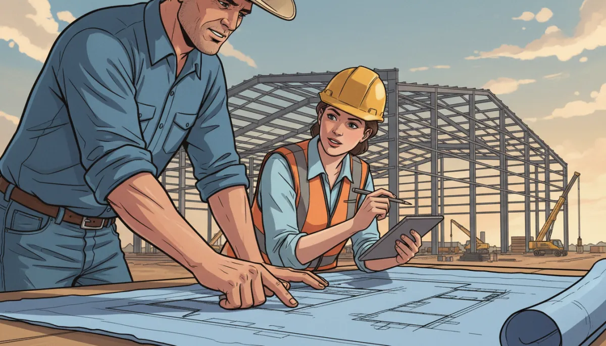 Close-up of a Texas business owner and a construction manager reviewing steel building plans on a table at a job site, partially completed metal frame rising in the background