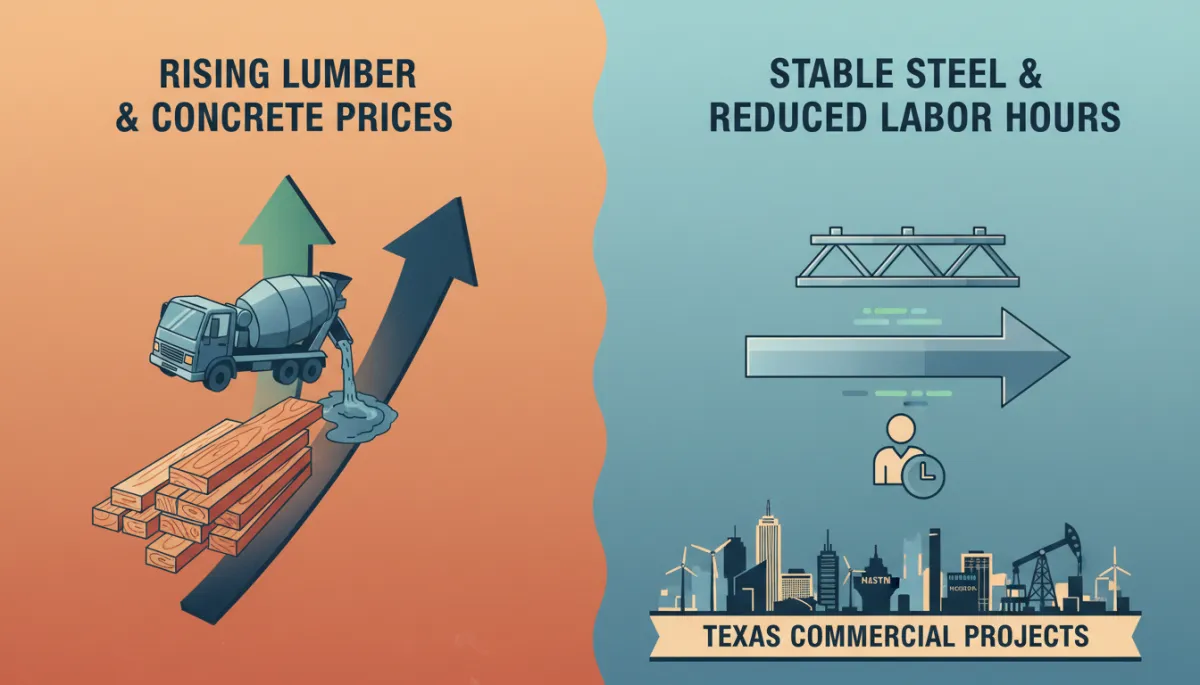 Side-by-side comparison graphic showing rising lumber and concrete prices on one side and more stable steel pricing and reduced labor hours on the other, labeled for Texas commercial projects