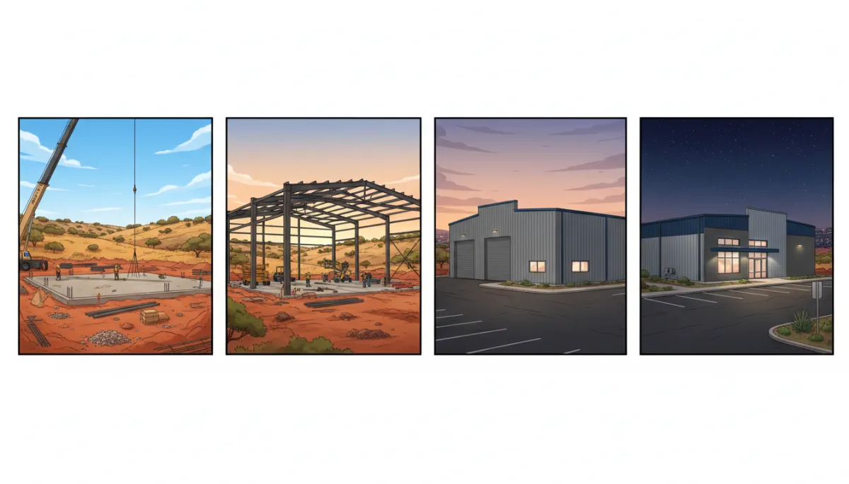 Time-lapse style composition of a prefab steel commercial building going from bare slab to fully erected structure over several stages, with Texas landscape in the background