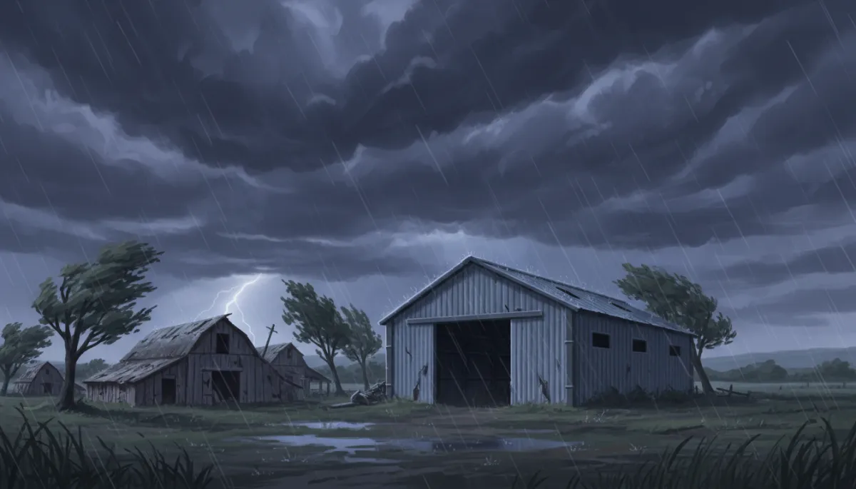Sturdy metal warehouse standing intact during a dramatic Texas thunderstorm with dark clouds, heavy rain, and wind, while nearby traditional structures show visible wear