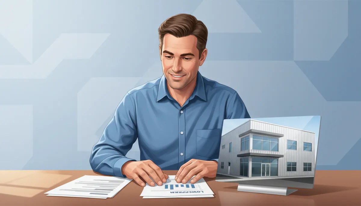 Business owner in an office reviewing lower insurance premium documents on a desk, with a photo or rendering of their metal commercial building visible beside the paperwork