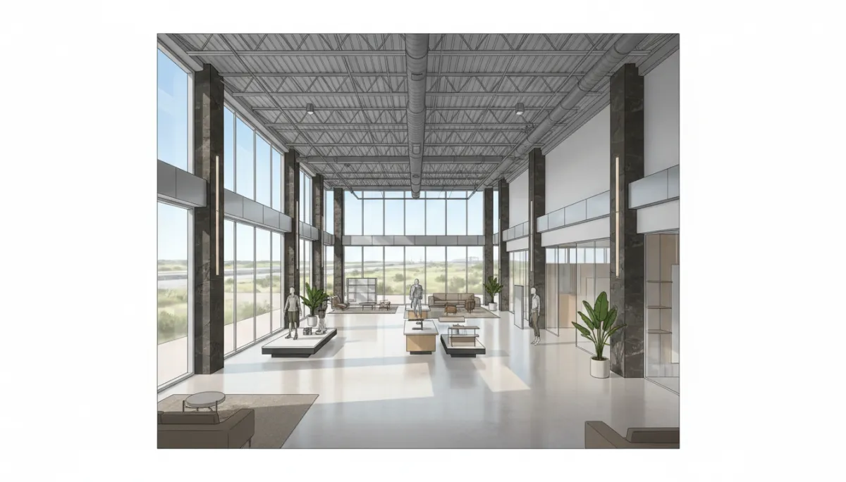 Modern metal commercial building with stone facade and glass storefront in Texas, interior view showing a wide open clear-span space with flexible layout for retail or offices