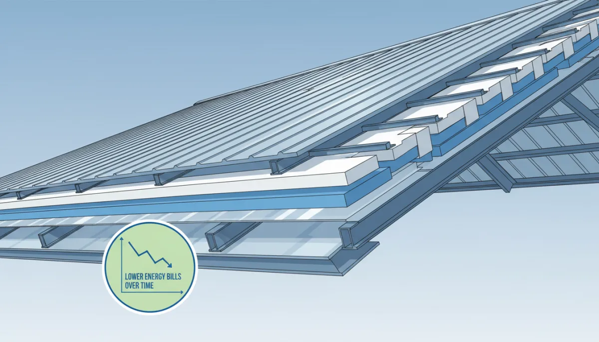 Interior of a metal commercial building roof section showing layers of high-R-value insulation and cool metal roofing panels, with an inset showing lower energy bills over time