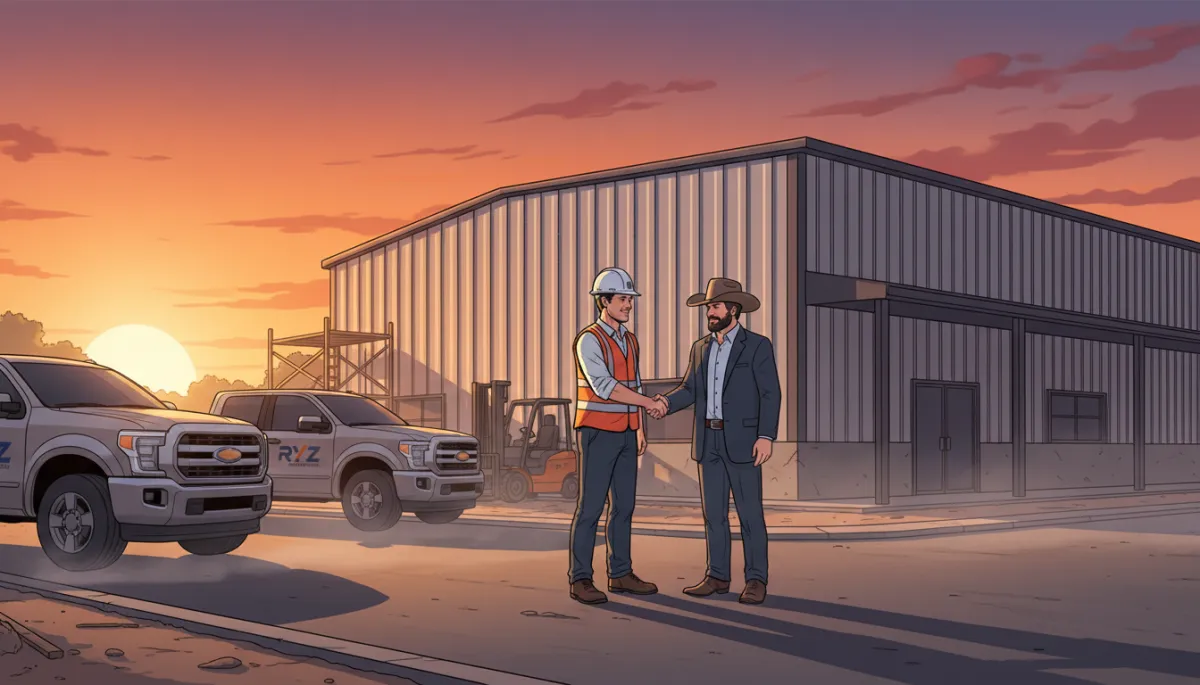 RYZ Construction project manager shaking hands with a Texas business owner in front of a newly completed steel commercial building at sunset, with company trucks parked nearby