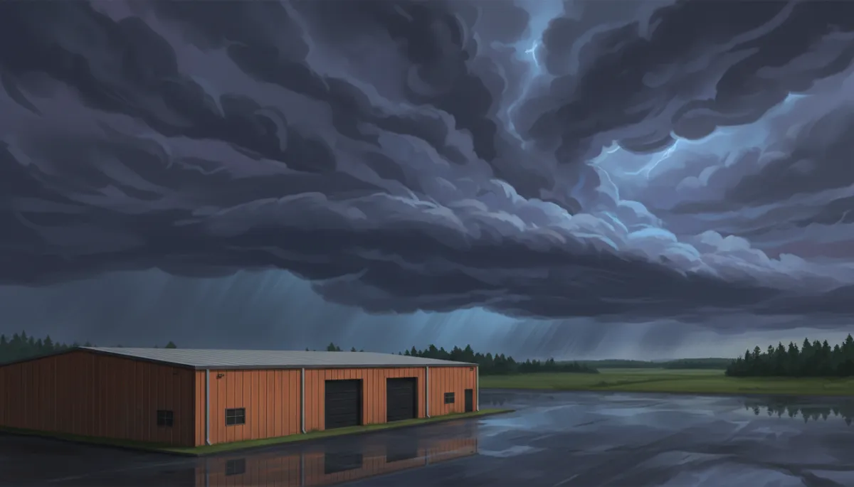 East Texas landscape with dark storm clouds, a metal commercial building in the foreground, rain bands visible in the distance, wet pavement reflecting the sky
