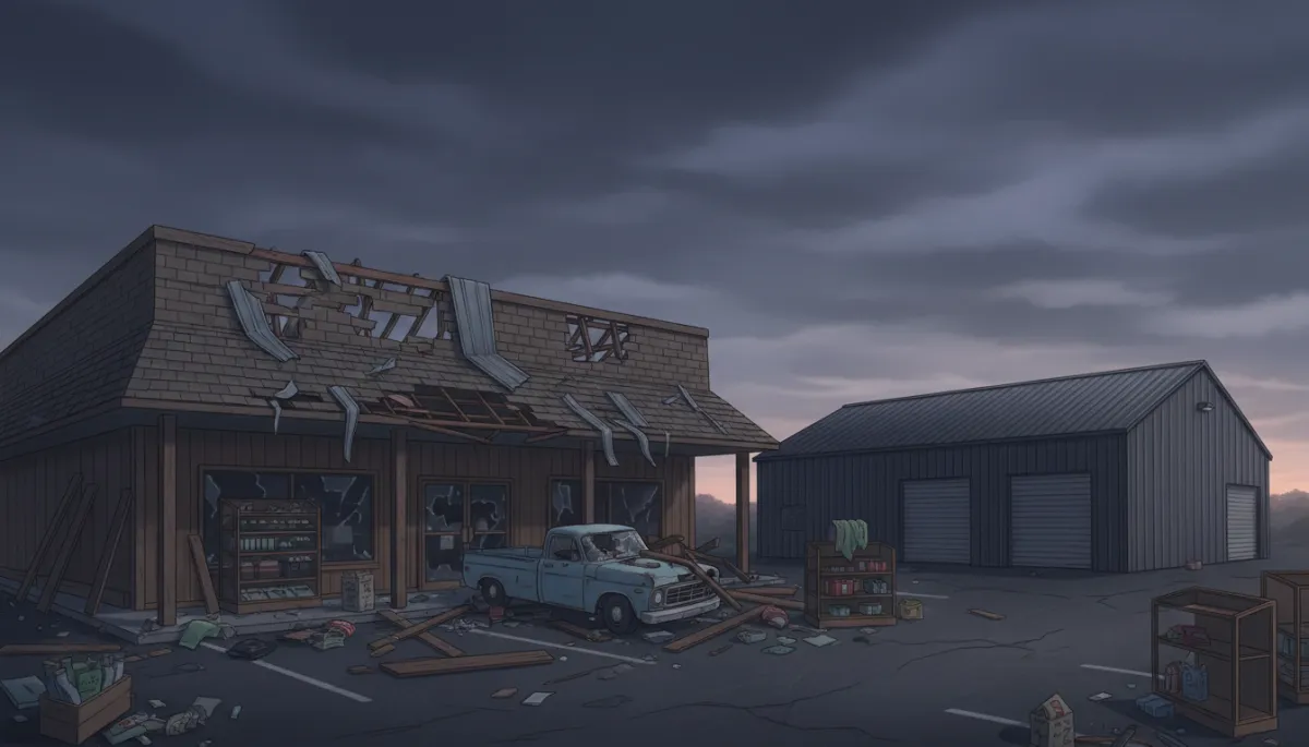 Damaged wooden commercial shop with sections of roof torn off, debris scattered in parking lot, nearby metal building still intact in the background