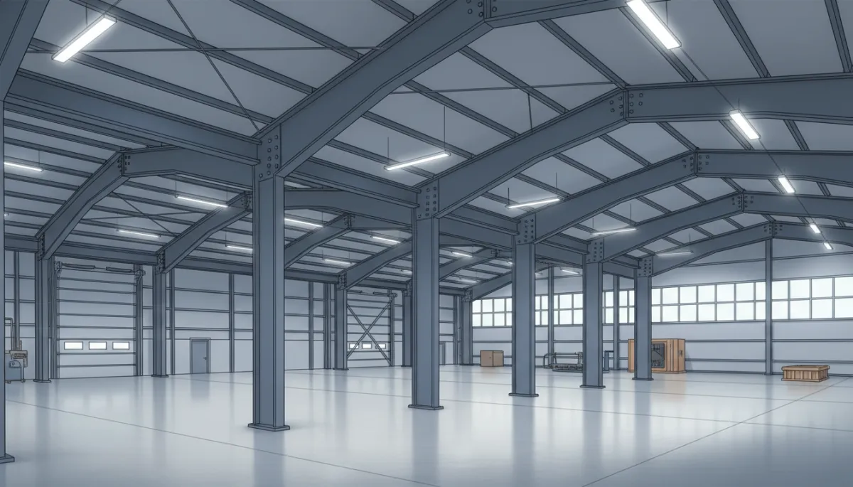 Interior view of a steel-framed commercial building showing portal frames, bolted connections, and roof purlins under bright warehouse lighting